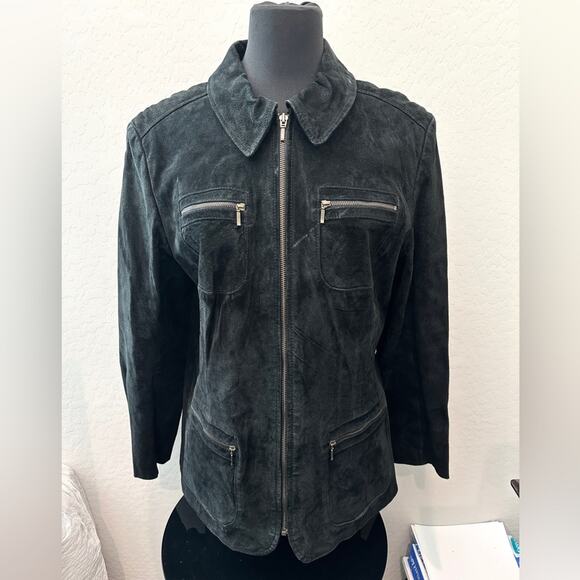 I.E. RELAXED Black Genuine Suede Leather Jacket Zip Front Utility Style | Large - Picture 2 of 8